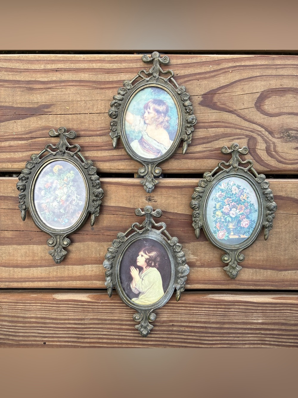 Vintage Italian Ornate Cast Metal Wall Plaques Pictures Set Of 4 Floral Child
